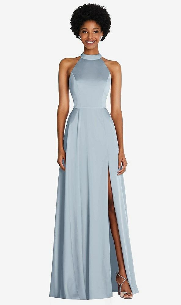 stand collar cutout tie back maxi dress with front slit