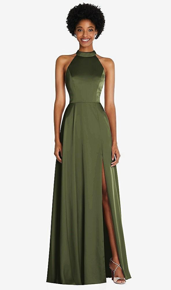 stand collar cutout tie back maxi dress with front slit