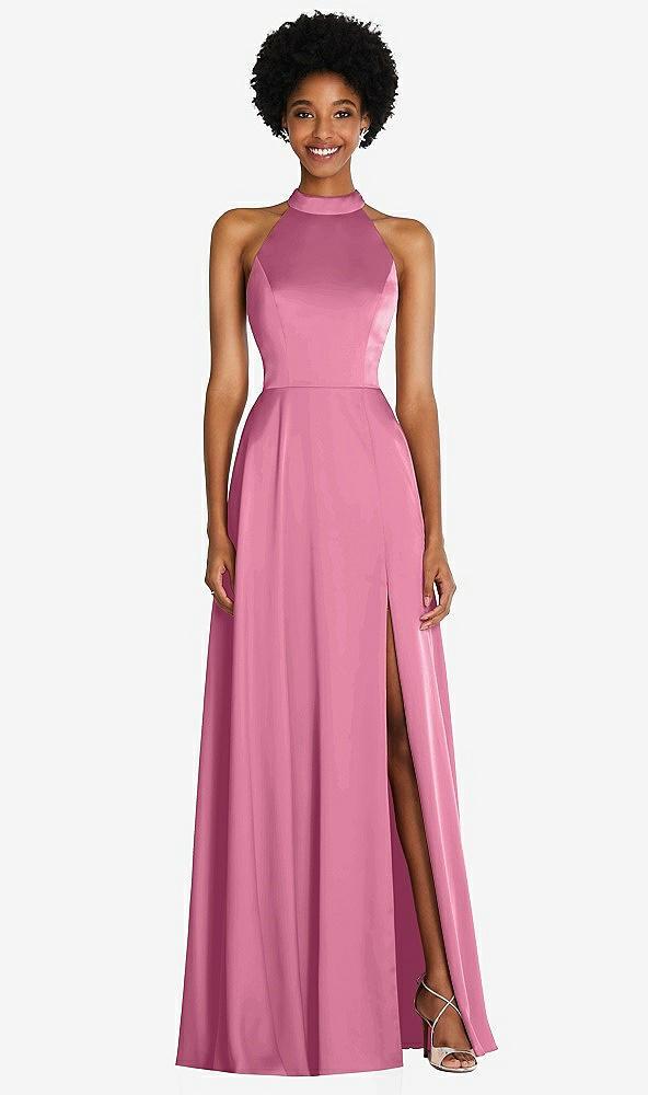 stand collar cutout tie back maxi dress with front slit