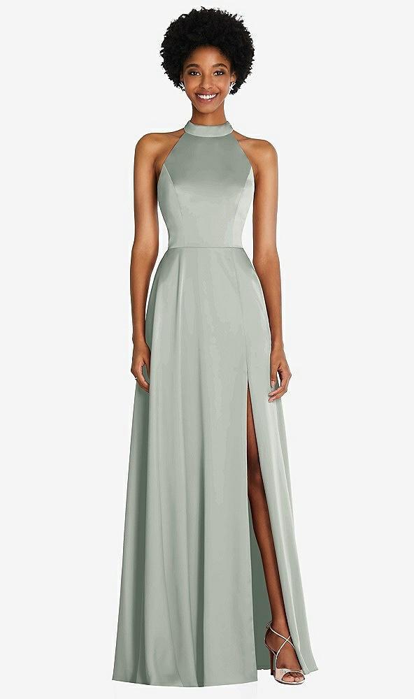 stand collar cutout tie back maxi dress with front slit
