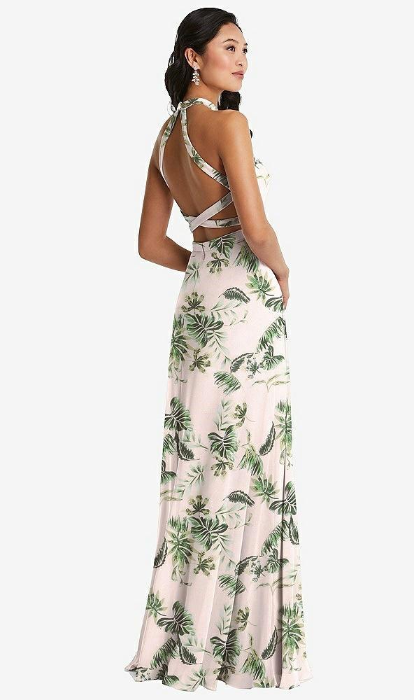 stand collar halter maxi dress with criss cross open-back