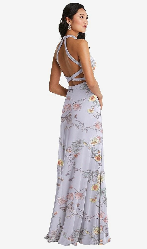 stand collar halter maxi dress with criss cross open-back
