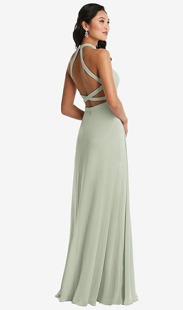 stand collar halter maxi dress with criss cross open-back