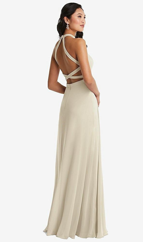 stand collar halter maxi dress with criss cross open-back