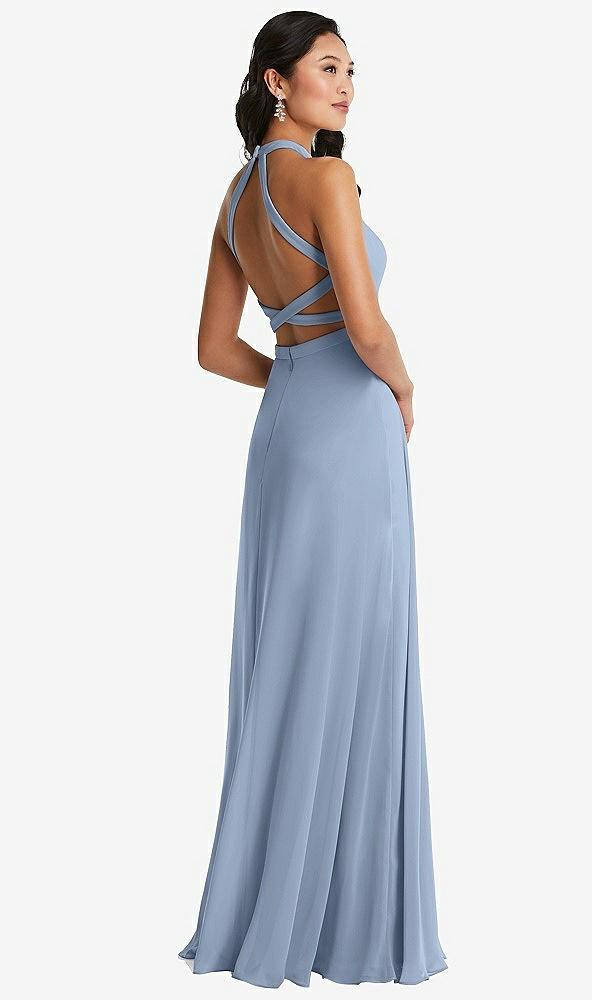 stand collar halter maxi dress with criss cross open-back