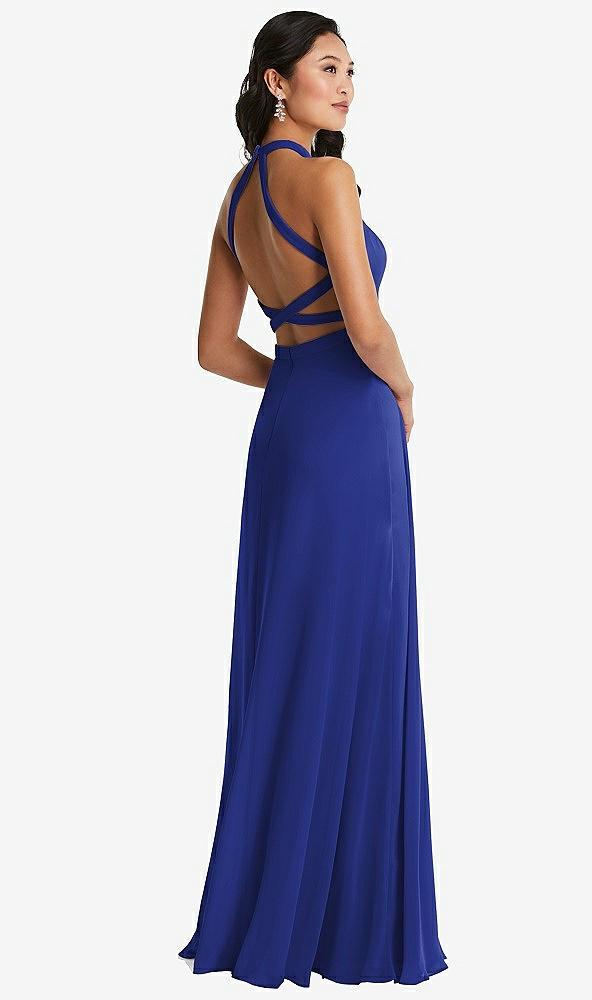stand collar halter maxi dress with criss cross open-back