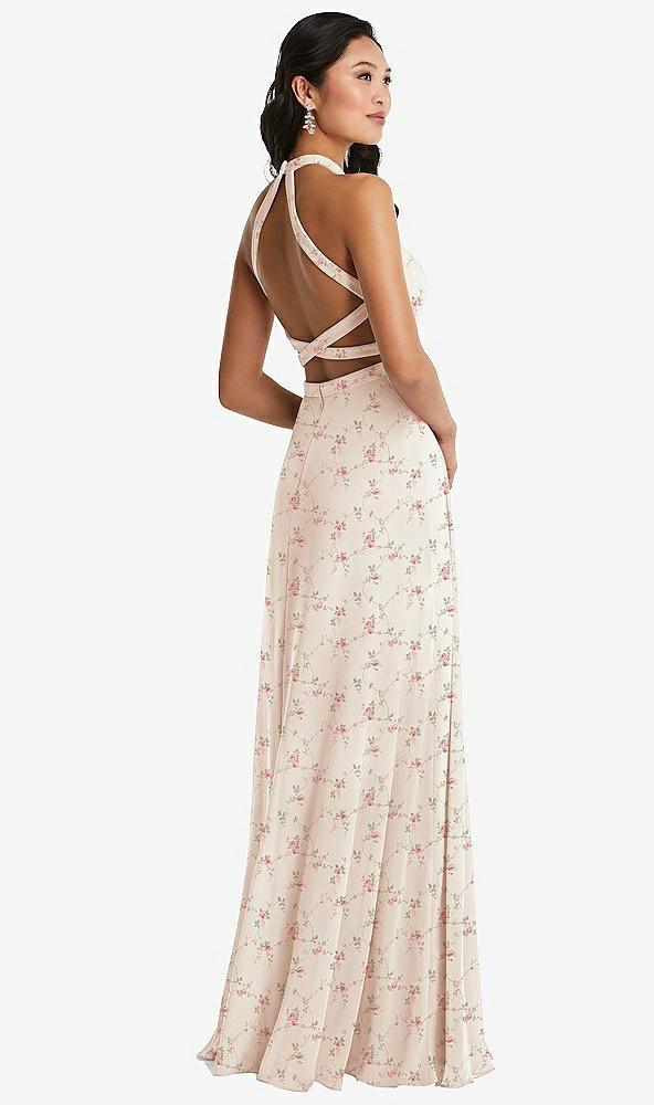 stand collar halter maxi dress with criss cross open-back