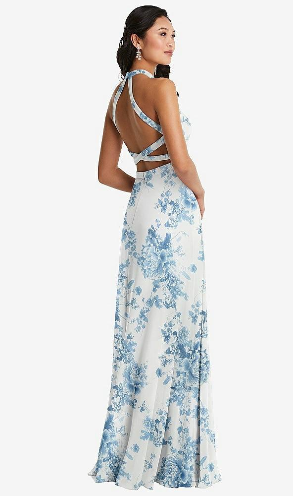 stand collar halter maxi dress with criss cross open-back