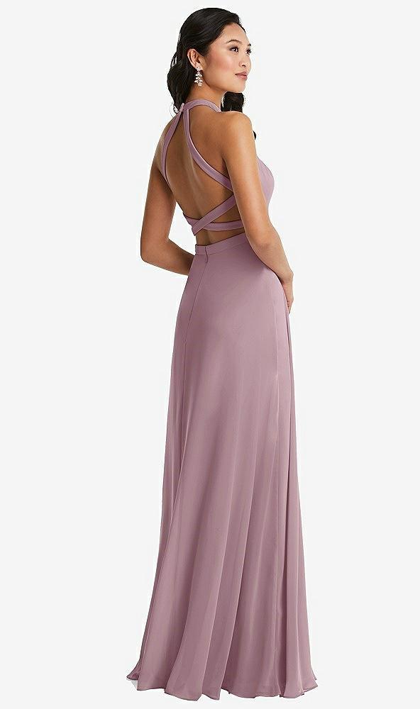 stand collar halter maxi dress with criss cross open-back