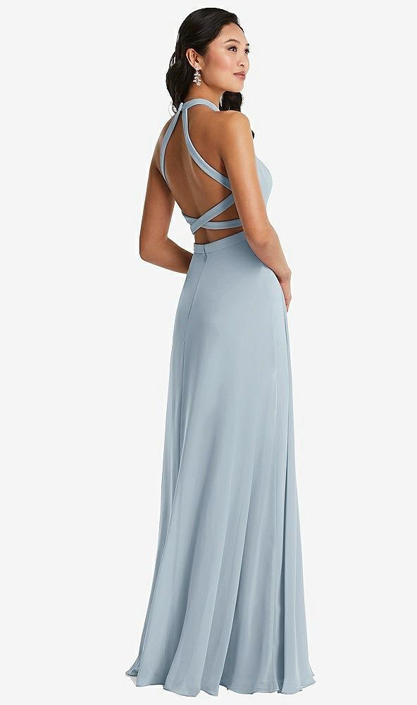stand collar halter maxi dress with criss cross open-back