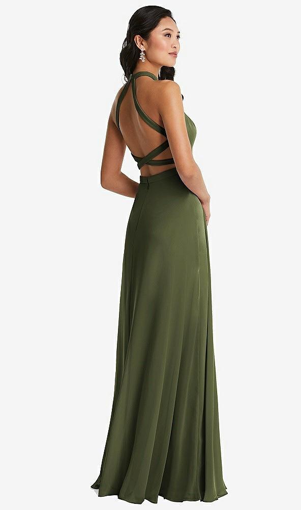 stand collar halter maxi dress with criss cross open-back
