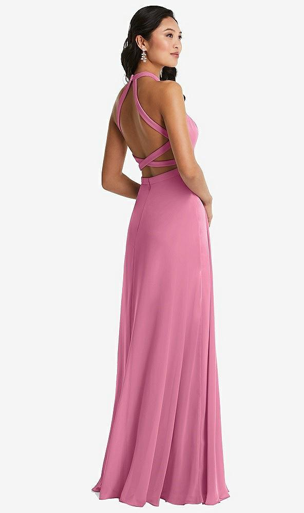 stand collar halter maxi dress with criss cross open-back