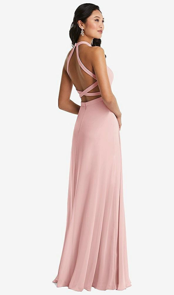 stand collar halter maxi dress with criss cross open-back
