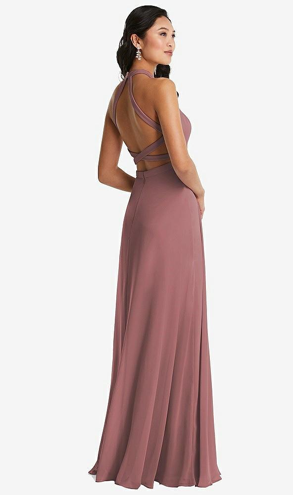 stand collar halter maxi dress with criss cross open-back