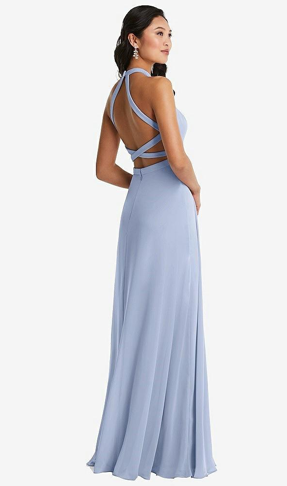 stand collar halter maxi dress with criss cross open-back