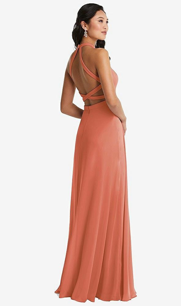 stand collar halter maxi dress with criss cross open-back