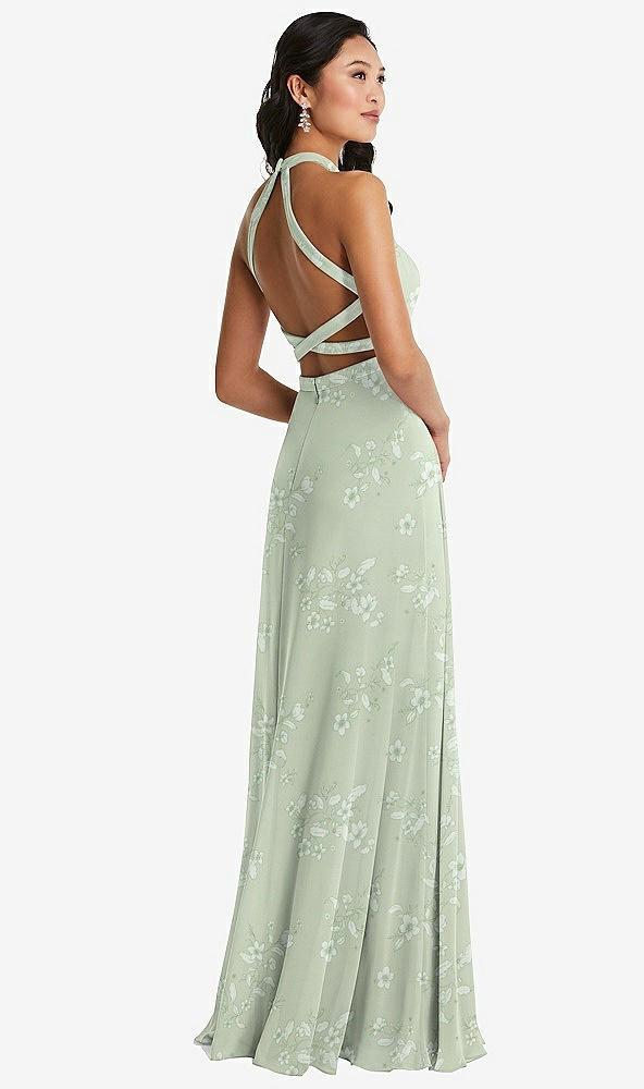 stand collar halter maxi dress with criss cross open-back