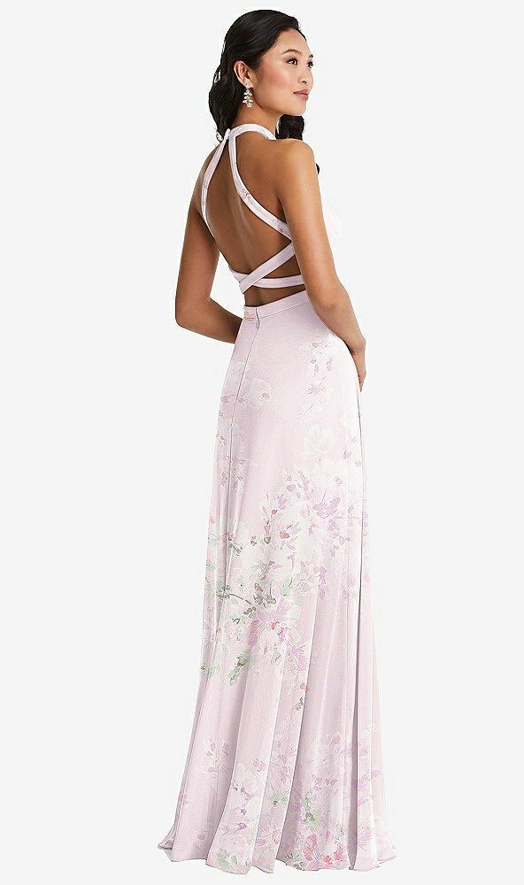 stand collar halter maxi dress with criss cross open-back