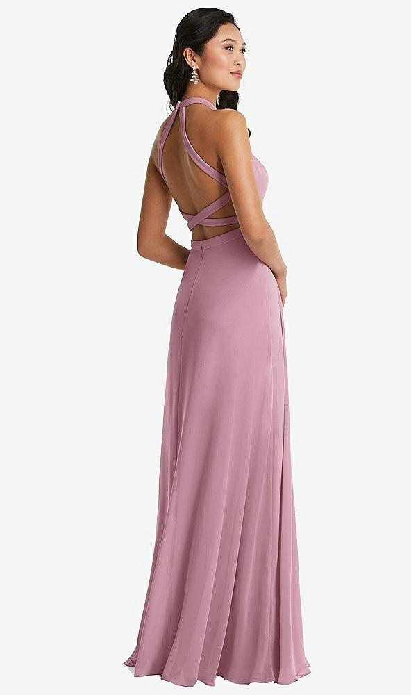 stand collar halter maxi dress with criss cross open-back