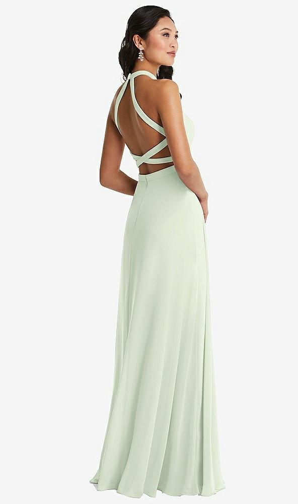 stand collar halter maxi dress with criss cross open-back