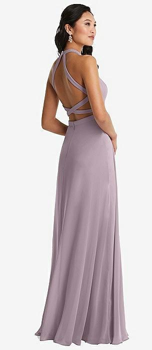 stand collar halter maxi dress with criss cross open-back