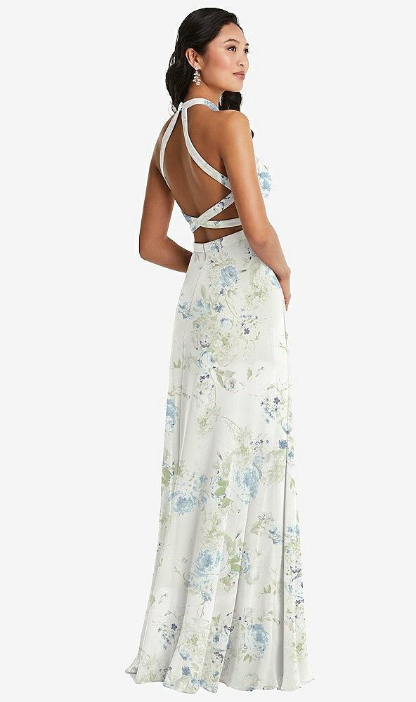 stand collar halter maxi dress with criss cross open-back