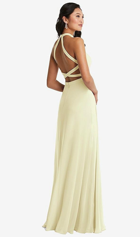 stand collar halter maxi dress with criss cross open-back