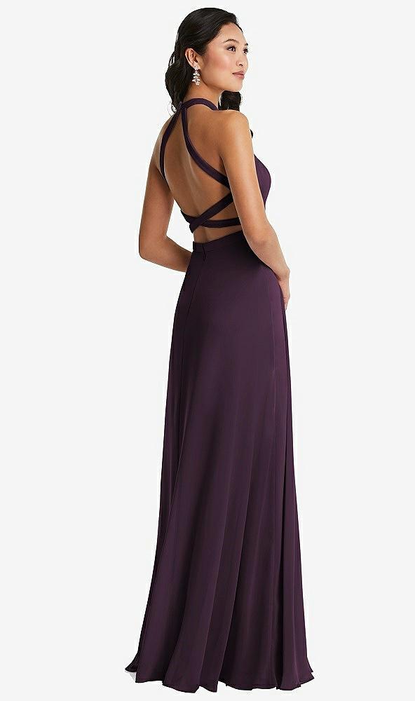 stand collar halter maxi dress with criss cross open-back