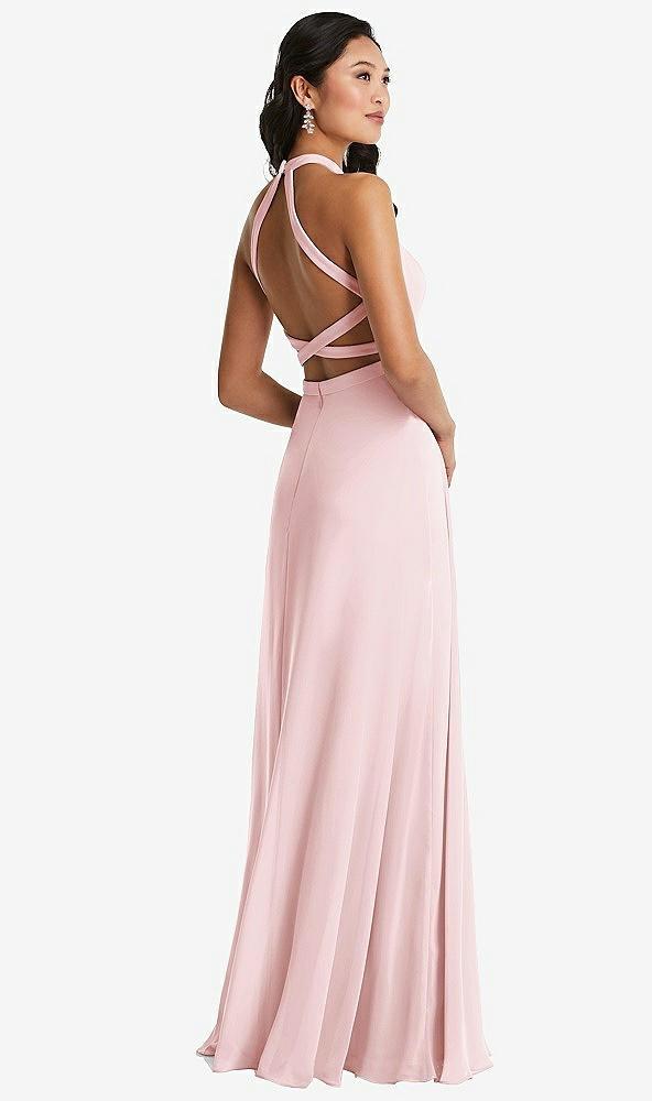 stand collar halter maxi dress with criss cross open-back