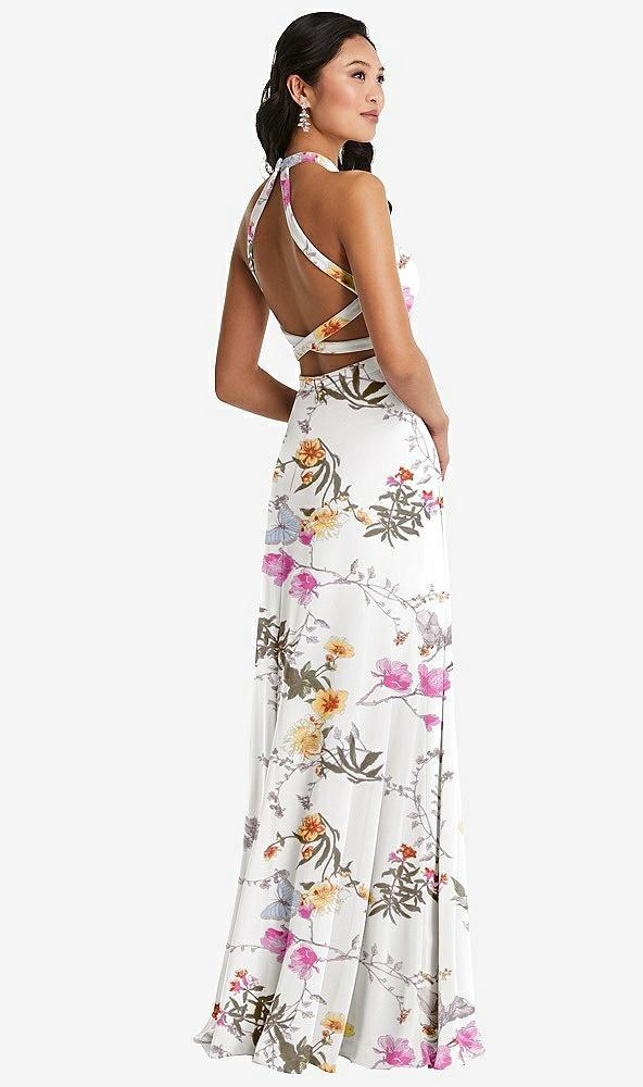 stand collar halter maxi dress with criss cross open-back