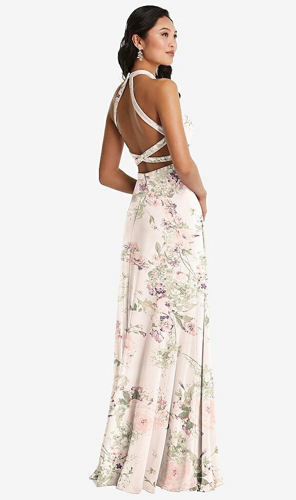 stand collar halter maxi dress with criss cross open-back