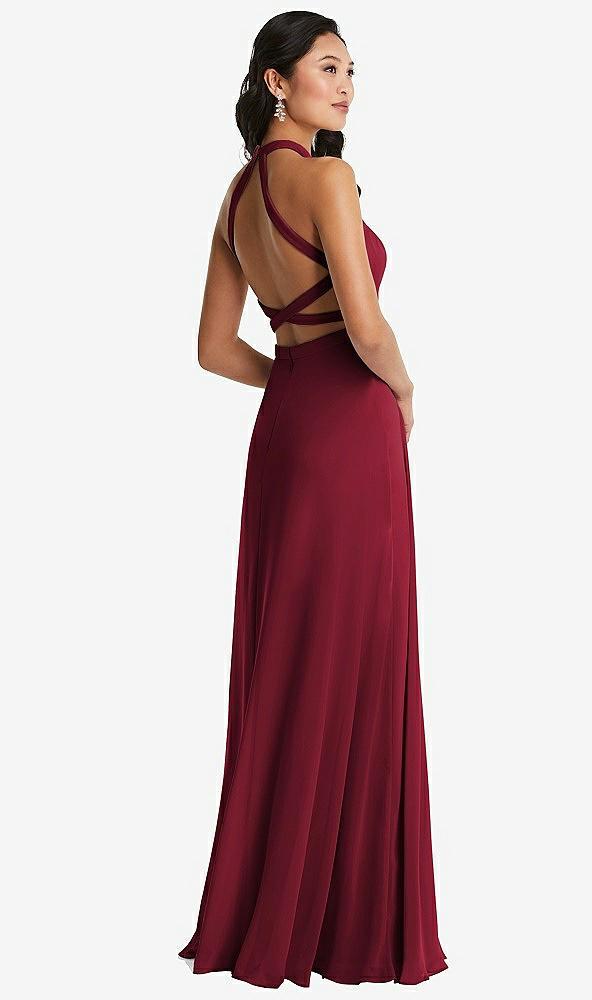 stand collar halter maxi dress with criss cross open-back