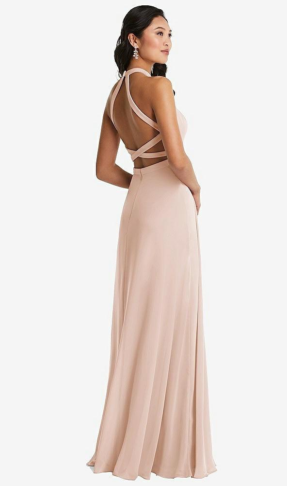 stand collar halter maxi dress with criss cross open-back