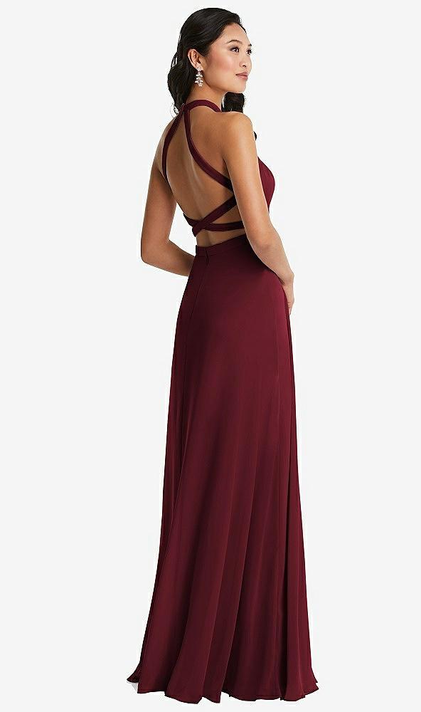 stand collar halter maxi dress with criss cross open-back