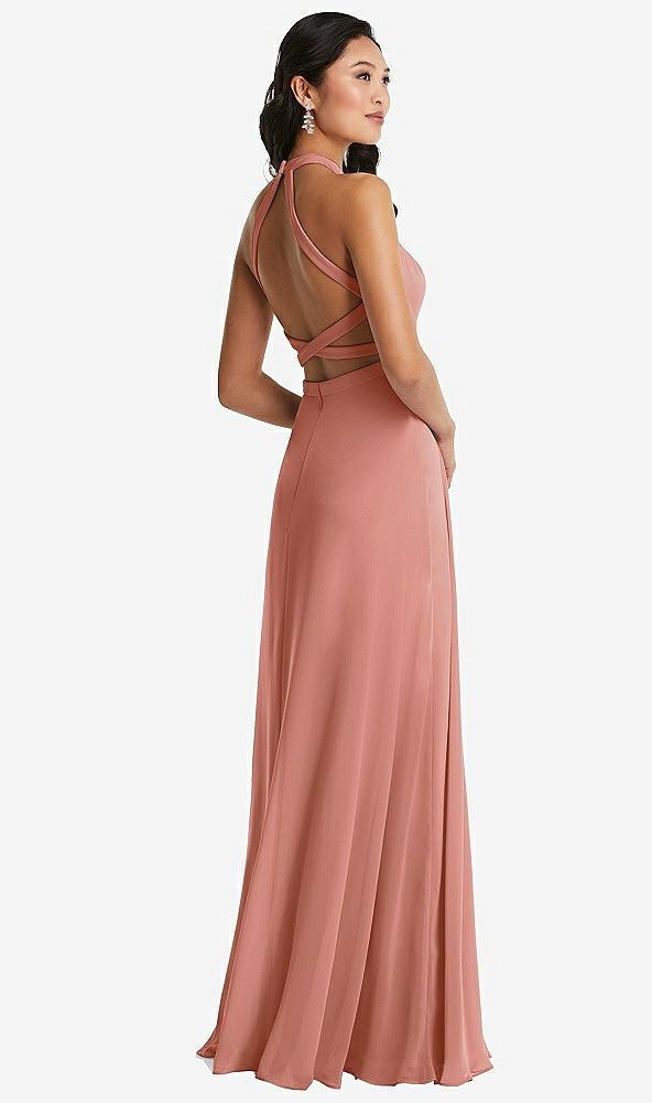 stand collar halter maxi dress with criss cross open-back