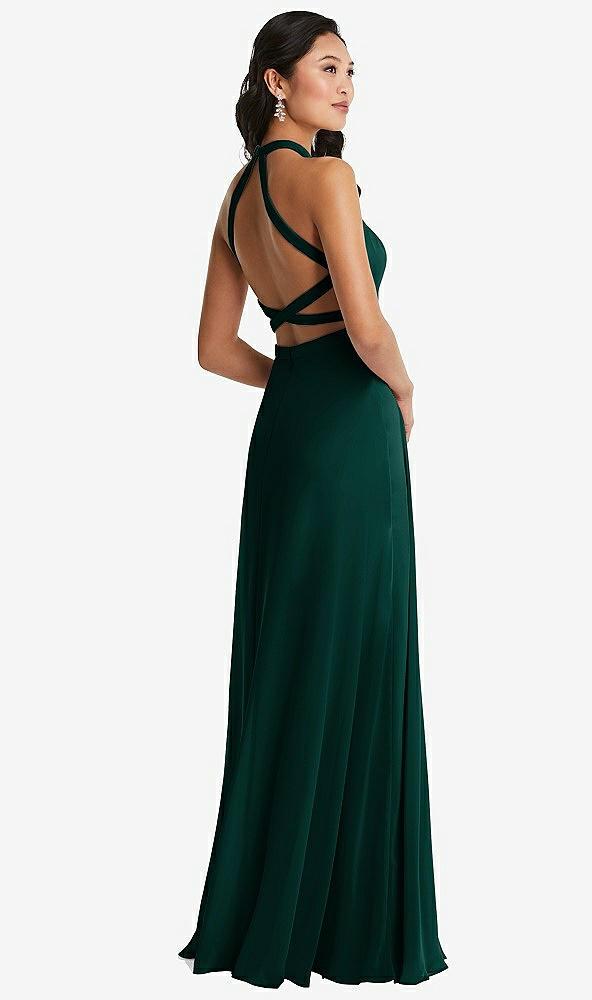 stand collar halter maxi dress with criss cross open-back