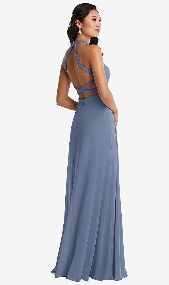 stand collar halter maxi dress with criss cross open-back