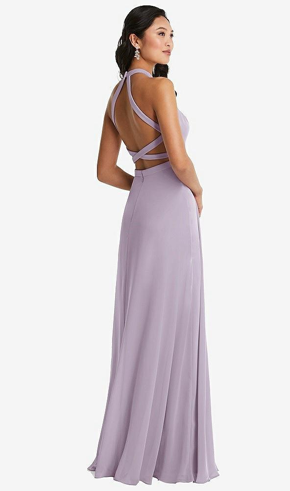 stand collar halter maxi dress with criss cross open-back