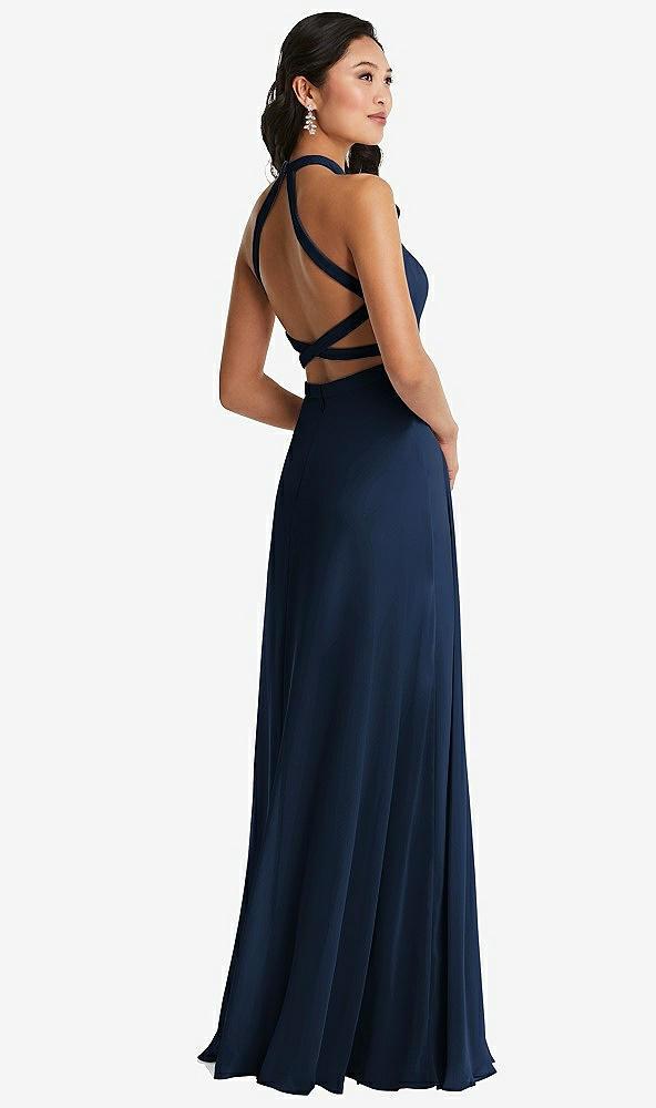 stand collar halter maxi dress with criss cross open-back