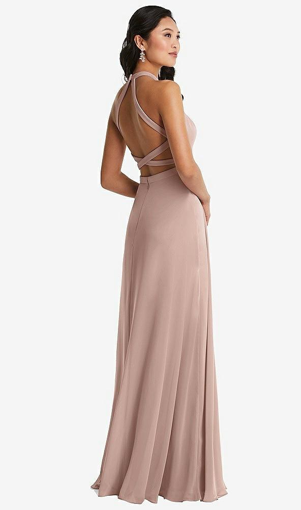 stand collar halter maxi dress with criss cross open-back
