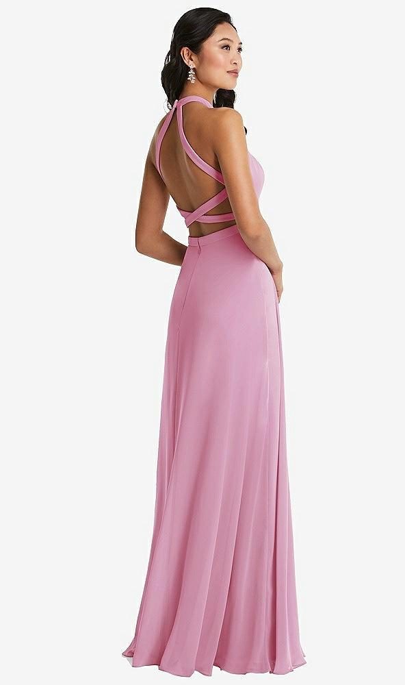 stand collar halter maxi dress with criss cross open-back