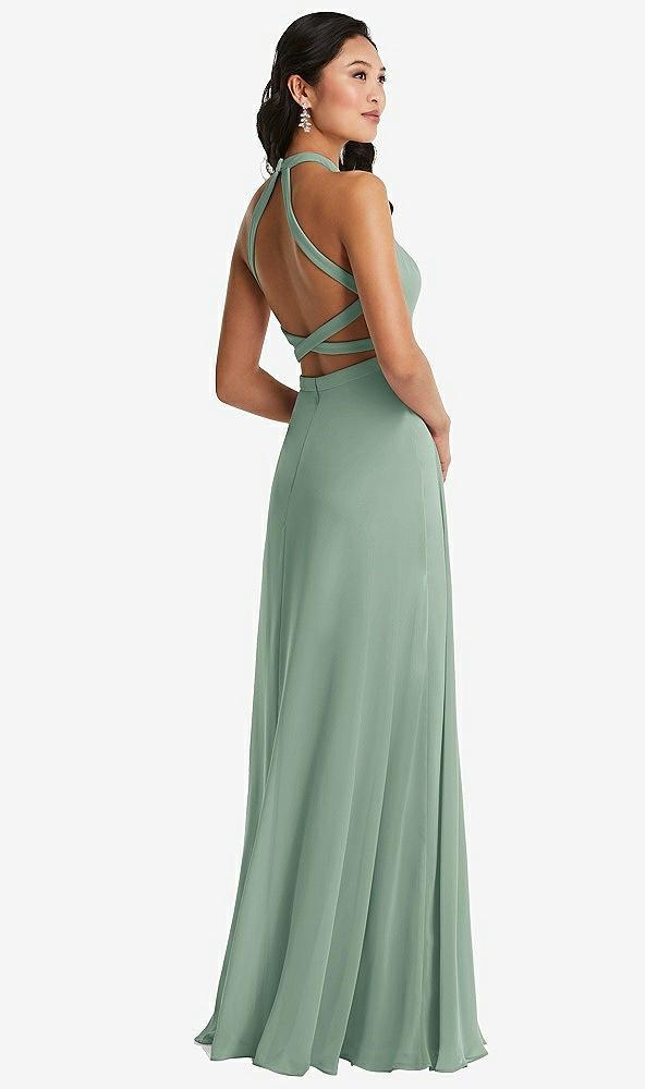 stand collar halter maxi dress with criss cross open-back