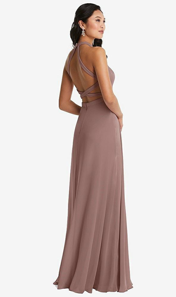 stand collar halter maxi dress with criss cross open-back