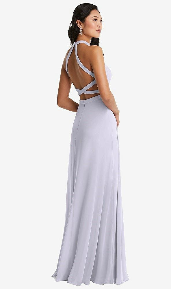 stand collar halter maxi dress with criss cross open-back