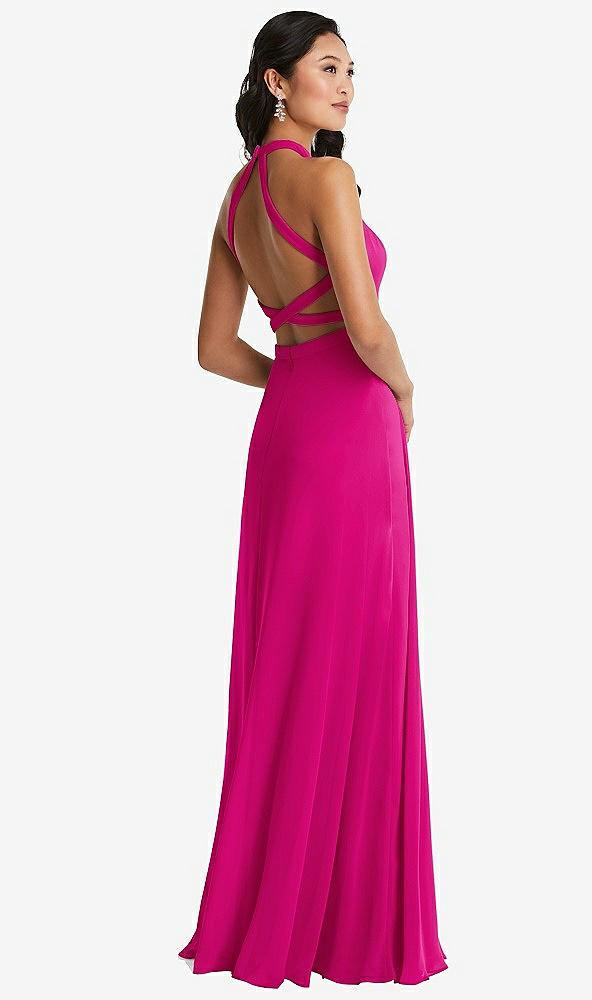 stand collar halter maxi dress with criss cross open-back