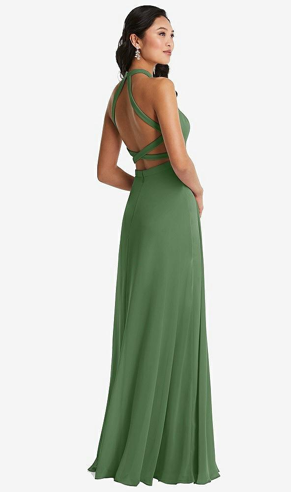 stand collar halter maxi dress with criss cross open-back