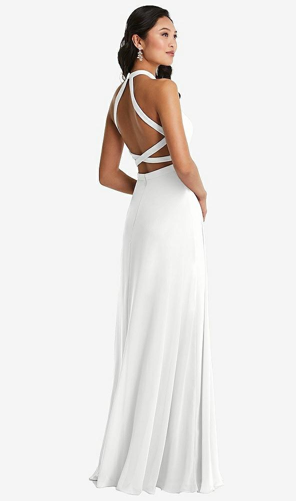 stand collar halter maxi dress with criss cross open-back