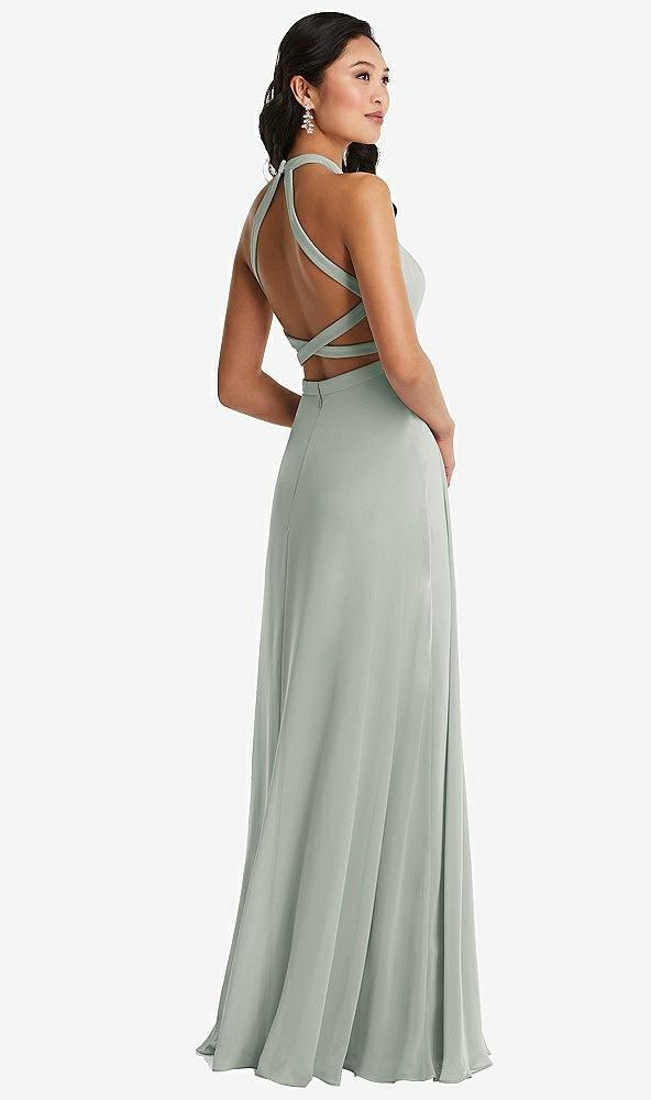stand collar halter maxi dress with criss cross open-back