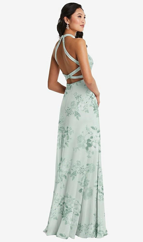 stand collar halter maxi dress with criss cross open-back