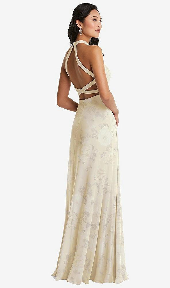 stand collar halter maxi dress with criss cross open-back